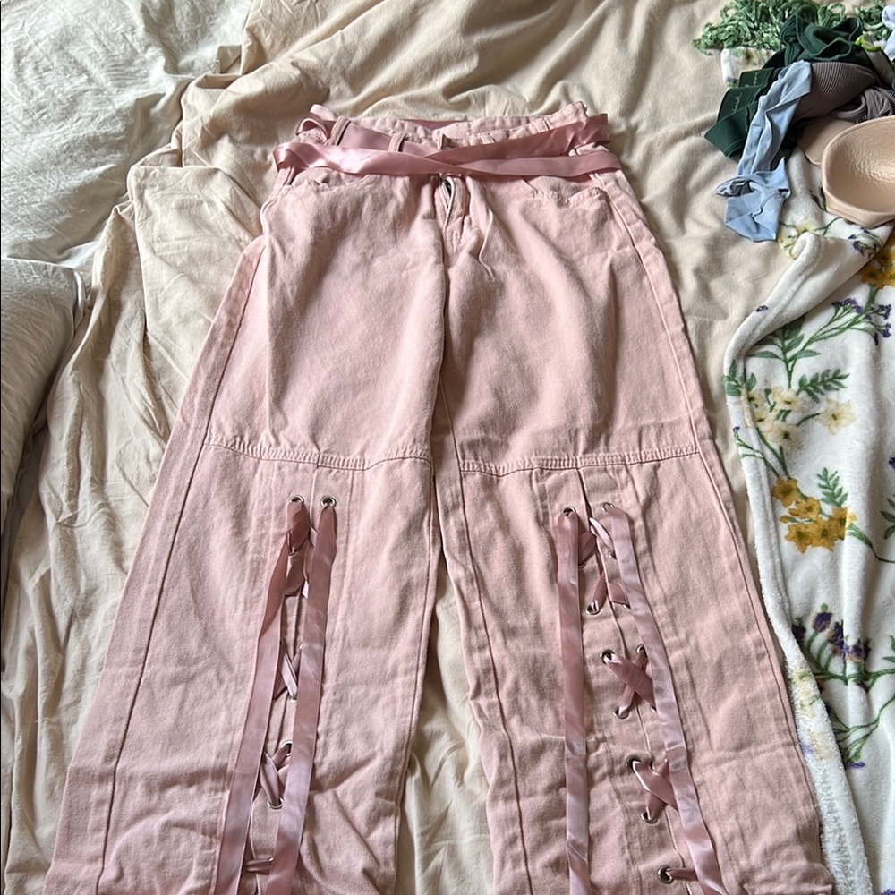 Pink Wide Leg Pants with Ribbon Detail